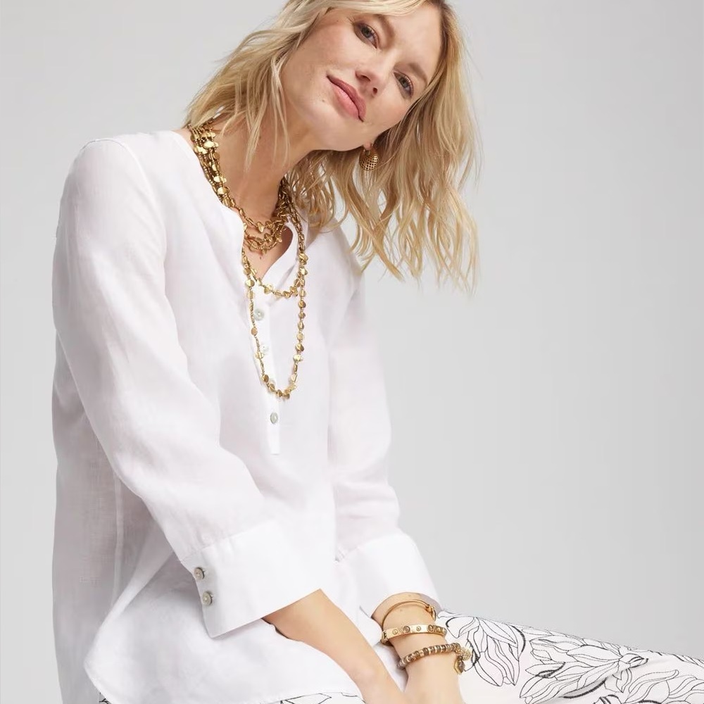 CHICO’S NWT 2 / Women’s L No Iron Linen Tunic in Optic White • Neutral Blouse - Picture 8 of 11